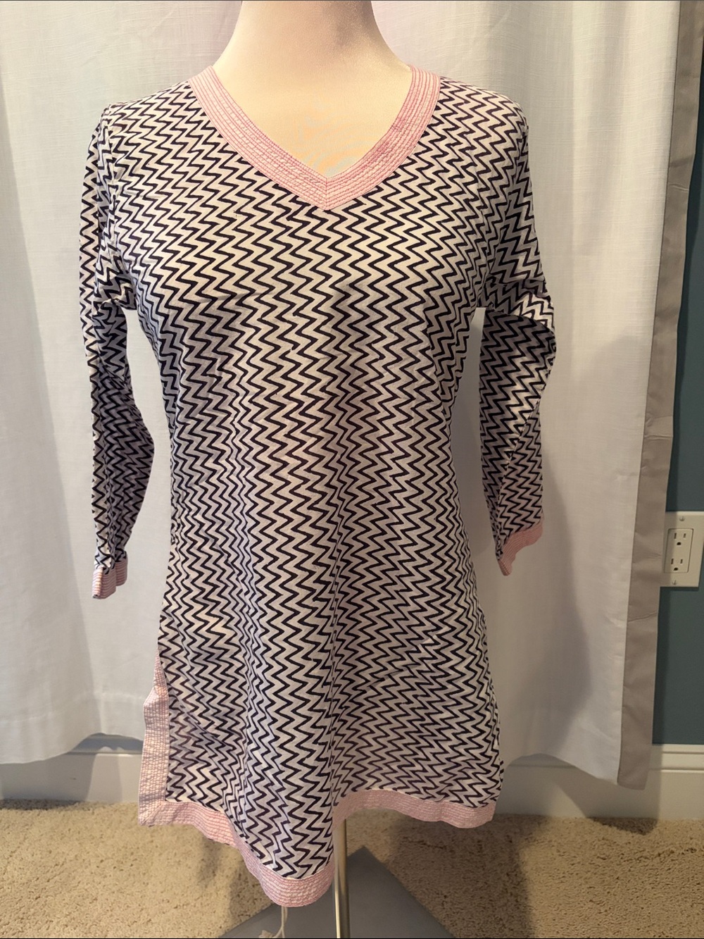 Gretchen Scott White Top with Pink Floral Print and Black Trim
